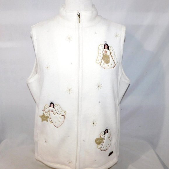 Northern Reflections Off White Christmas Angels Womens L Full Zip Fleece Vest - Picture 1 of 12